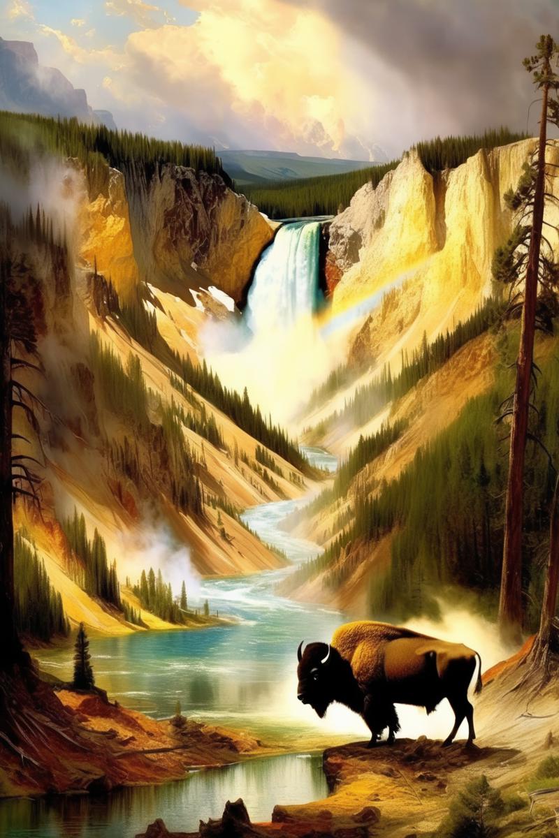 00431-3456655063-_lora_Thomas Moran Style_1_Thomas Moran Style - yellowstone national park in the style of thomas moran. there should be a bison.png